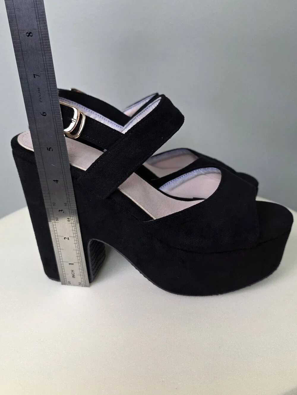 Retro Black Faux Suede Chunky Platform Sandals Open Toe Block Heel Y2K, EU 38
